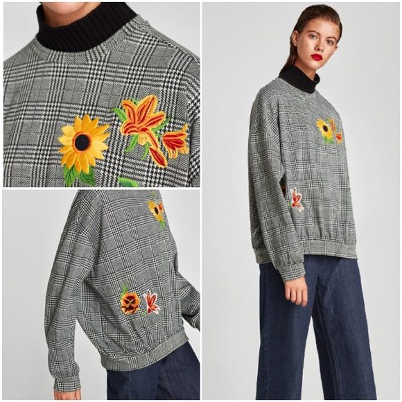 Zara checked sweatshirt with embroidery oversized - Picture 2 of 8